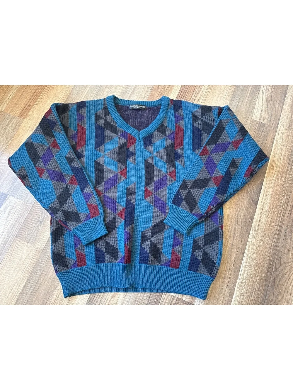 Mercuries Geometric Knit Sweater Men's Large Blue Abstract Vintage 90s Pullover